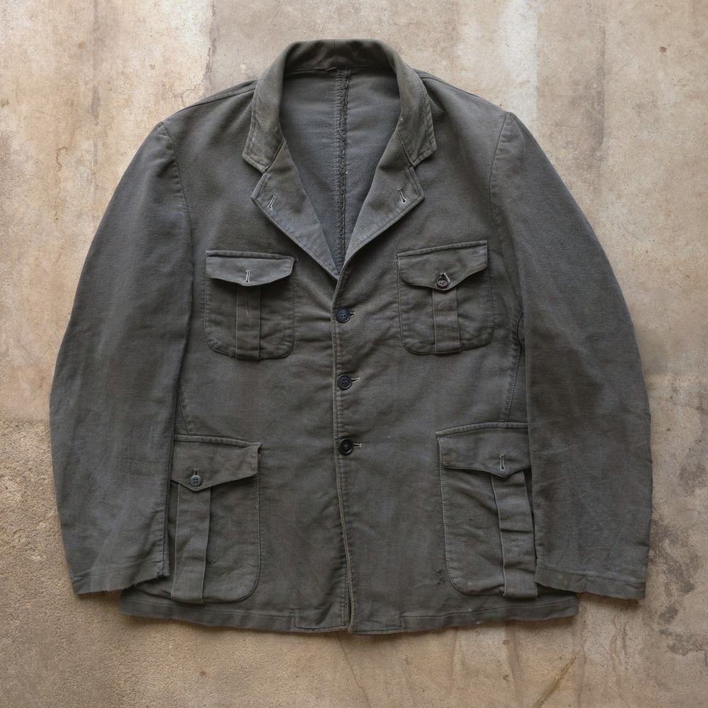 Vintage 1950s Black Faded Moleskin Chore Jacket Half Belt Made in France